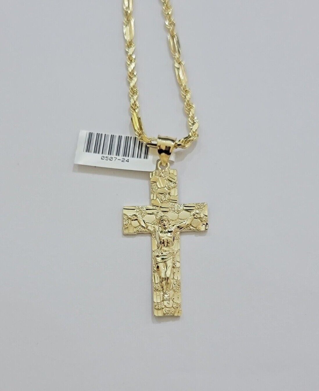 10kt Gold Milano Rope Chain Nugget Cross Charm Pendant Set 18 - 24'' Inch Necklace - GoldenlinQ